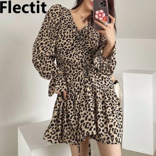Flectit Drawstring Front Leopard Dress Puff Sleeve V-neck 2021 Spring Summer Womens Feminin Dress