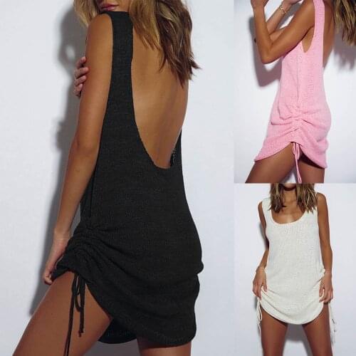 2021 Summer Ruched Drawstring Sexy Backless Party Dress Women Sleeveless Elastic Mini Dress Vintage Bodycon Clubwear Vestidos