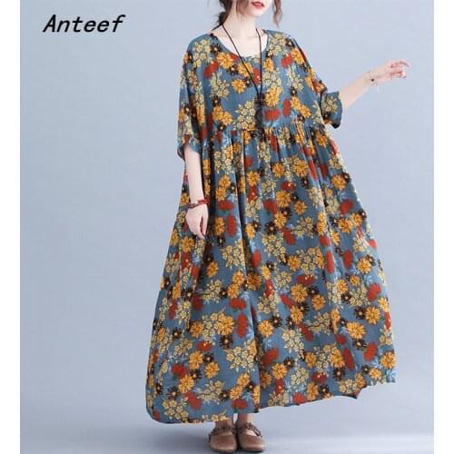 Short sleeve cotton vintage floral dresses for women casual loose long woman summer dress elegant clothes 2021