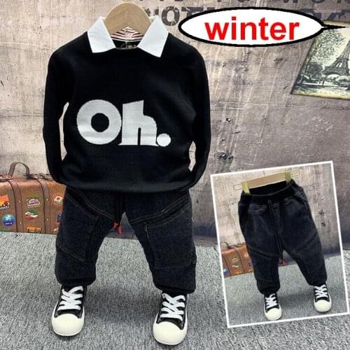 Winter boys Clothing Sets boy Cotton casual childrens wear Baby Boys Thick plush knit sweater+ Plush pants 2 Pcs Clothes Set