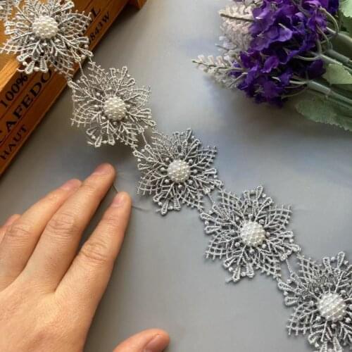 1 Yard Gray Pearl Beaded Embroidered Flower Lace Ribbon Trim Floral Applique Patches Fabric Sewing Craft Vintage Wedding Dress