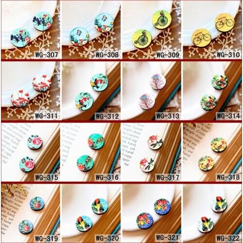 10PCS (307-322) Unique Laser Cut wood 3D Embossed 16mm Round Coloured Drawing pattern Cabochon DIY for Rings, Earring Button
