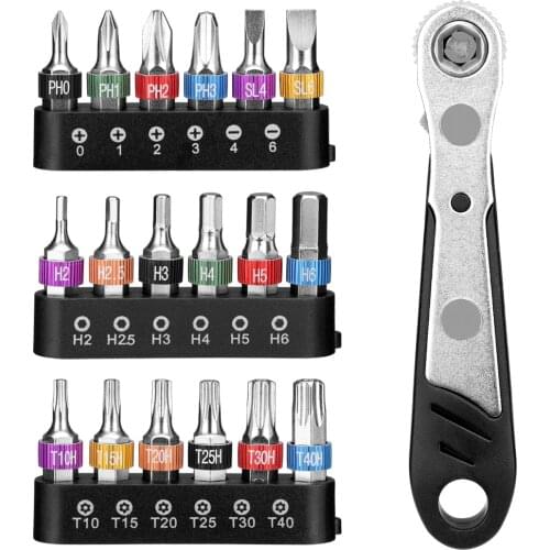 19 In 1 Universal Micro Ratchet Wrench Screwdriver Bit Set with Reversible Drive Handle Slotted Torx 1/4" Drive Multi Bits Set