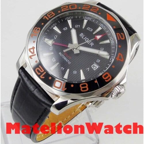 2019 New 41mm Bliger GMT Red Automatic watch men Luxury mechanical waterproof Black dial leather strap ceramic luminous 967