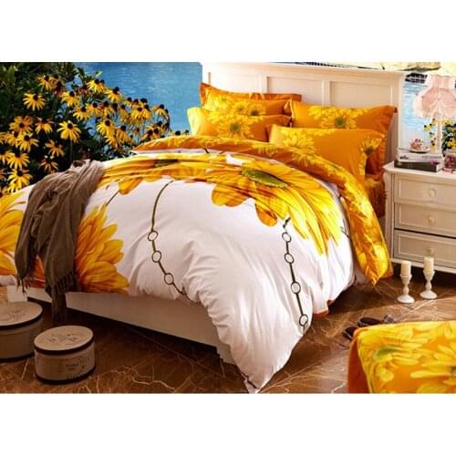 4Pcs 100% Cotton Queen King size Sunflower Bedding set white yellow Duvet Cover Set Bed sheet Pillowcase