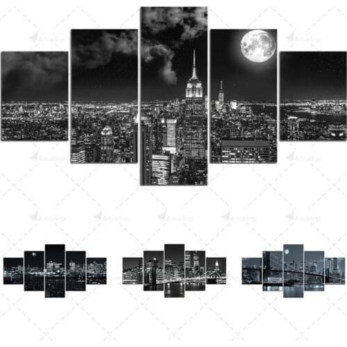 City Night View Picture 5 Panels Canvas Painting Black and White City Landscape Poster Print Wall Art for Living Room Home Decor