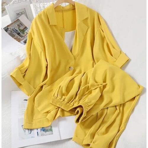 SET Suit women fashion 2021 summer new loose three-piece sleeve thin suit nine-point wide-leg pants suspenders three-piece suit