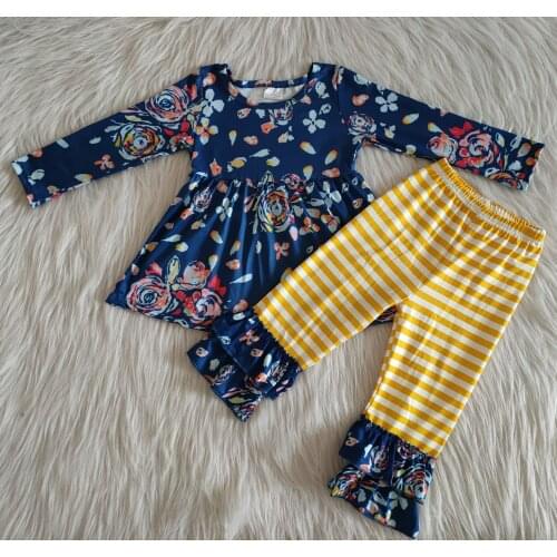 Lovely Baby Toddler Girls Children Clothing Long Dress Flower printed Runffles Pants Boutique Kids Clothing-Sets
