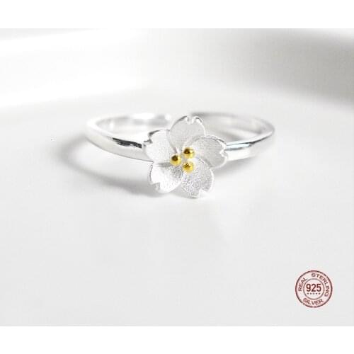 LKO Elegant Fashion Sakura Engagement 925 Sterling Silver Rings For Bride Jewelry Romantic Cherry Blossom Lady Ring Adjustable