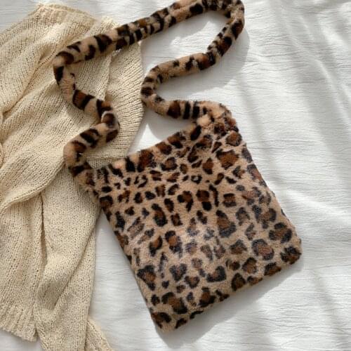 Fashion Leopard Print Crossbody Bags for Women Autumn Winter Plush Soft Shoulder Messenger Bags Ladies Fluffy Handbag and Purse