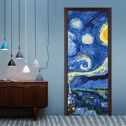 Blue Starry Sky Oil Painting Wall Door Sticker Modern Creative Art Living Room Kids Room PVC Waterproof Self-Adhesive 3D Sticker
