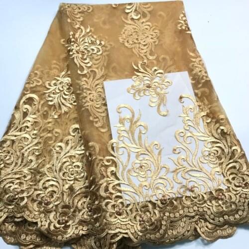 Latest Gold French Lace Fabric 2019 High Quality Lace Embroidery French Mesh With Beads Nigerian Lace Fabrics Material M28502