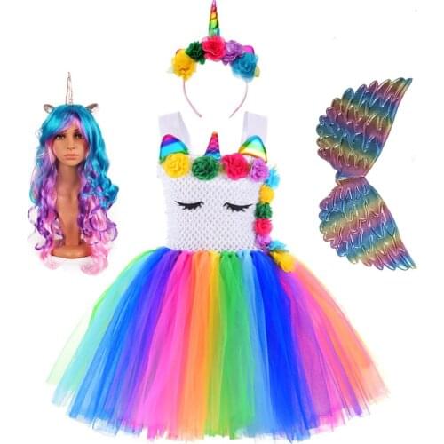 Purim Unicorn Girls Dress Rainbow Children Christmas Pettiskirt Party Princess Tutu Net Gauze Skirt Halloween Costume for Kids