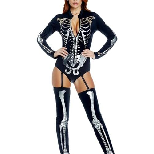 Purim Halloween Costume Women Sexy Skull Printed Jumpsuit Novelty Cosplay Costume Human Skeleton Skull Slim Jumpsuit 4 Colors