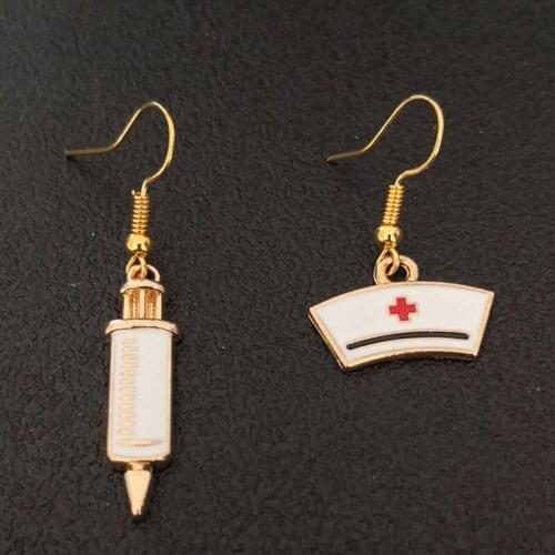 2019 Gold Color Syringe-Medical-Stethoscope Nurse-Cap Drop Earrings Doctor Nurse Charm Pendant Dangle Earrings Dropshipping