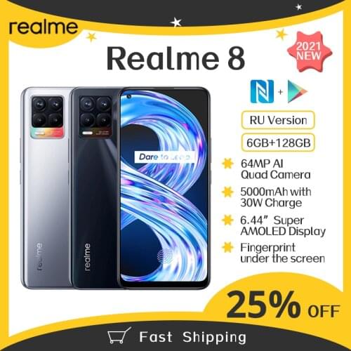 Realme 8 6GB 128GB 6.44" AMOLED Display NFC 30W Charge Mobile Phone Helio G95 Octa Core Smartphone 64MP Quad Camera