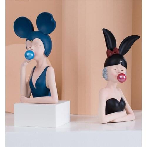 Nordic Blowing Bubble Cat Rabbit Girls Resin Figurines Home Livingroom Table Statue Decoration Office Desktop Sculpture Crafts