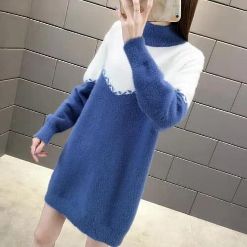 Mixed colors Sweater Women New Fashion Imitation Mink Velvet Mid-long Knitted Autumn Winter Half Turtleneck Sweater Female Tops