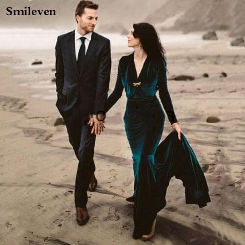 Smileven Dark Green Algerian Velvet Mermaid Evening Dresses V Neck Caftan Dubai Formal Party Gowns Longo Prom Gowns 2020