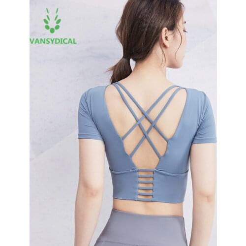 Vansydical Yoga Shirt Cross Back Running Shirt Push Up Sports T-shirt Women Gym Crop Top Fitness Shirt Top Sujetador Deportivo