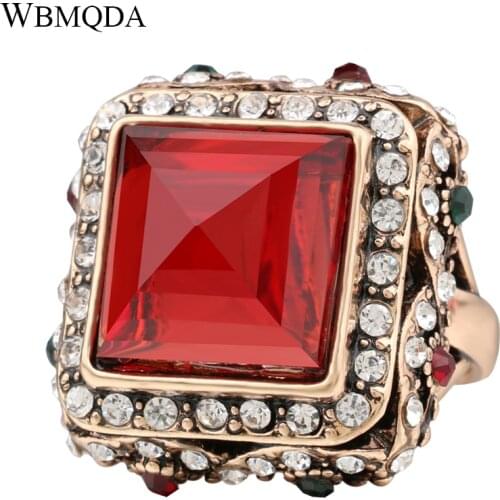 Wbmqda Luxury Bohemian Style Big Square Red Ring Vintage Ancient Gold Color Crystal Rings For Women India Jewelry