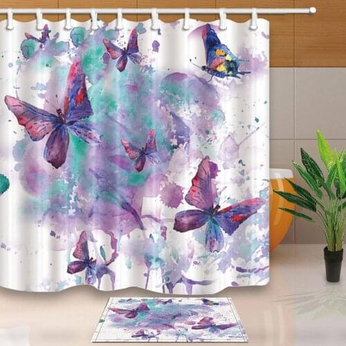 Butterfly Shower Curtains Lavender Watercolor Painting Bath Screens Creative Design Waterproof and Mildew Proof With 12 Hooks