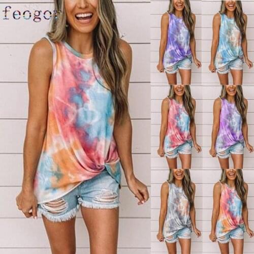 FEOGOR sleeveless T-shirt Summer T-shirt women Summer loose round neck sleeveless tie-dye twist print vest T-shirt top women