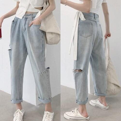 WomenS Straight High Waist Falling Hole Denim Wide Leg Pants Trousers Blue