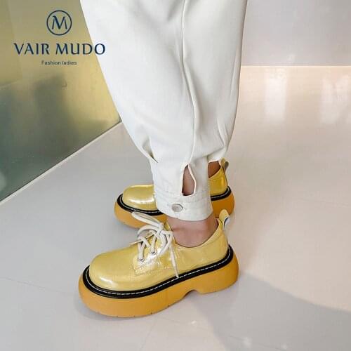 VAIR MUDO Women Pumps Shoes Thick Bottom Pumps Black Yellow White Lace Up Round Toe Spring Autumn Basic Shoes Women D19L