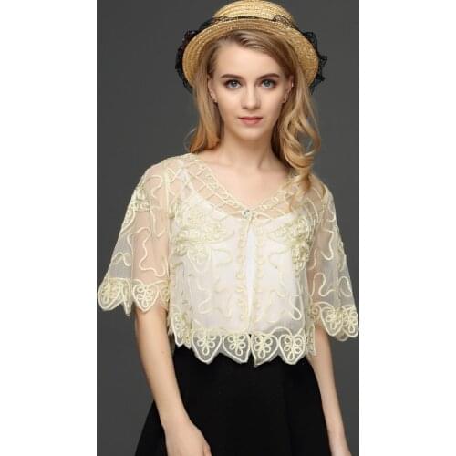 Vintage 1920s Gatsby Womens Cardigan Coat Half Flare Sleeve V-Neck Embroidery Floral Grid Lace Cardigan Short Cape Shawl