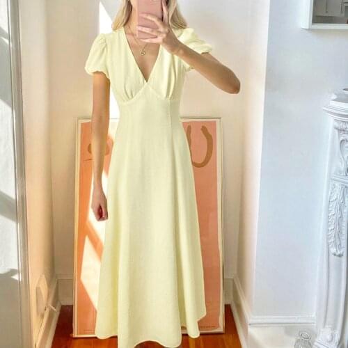 Retro V-neck Short Puff Sleeve Womens Dress Elegant Temperament Slim High Waist Dress Summer Casual A-line Robe Women Party
