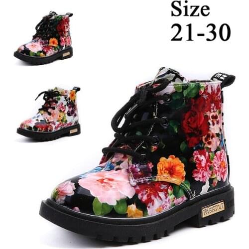 Winter Kids Shoes Casual Martin Boots for Girls Botas Flower PU Leather Waterproof Snow Boots Child Boots