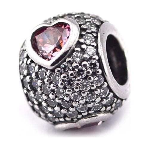 100% 925 Sterling Silver Couple Pave Heart Charm With Clear & Fancy Pink CZ Beads Fit Brand Bracelet DIY Jewelry Free Shipping