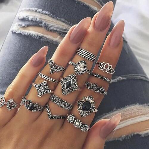 15 Pcs/Set Bohemian Retro Crystal Flower Leaves Hollow Lotus Gem Silver Color Ring Set Women Wedding Anniversary Gift