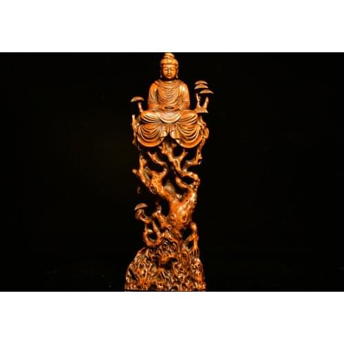 8"China Lucky Old Boxwood Hand-carved Shakyamuni Buddha Sitting on the Bodhi tree meditation Enshrine the Buddha Office Ornament