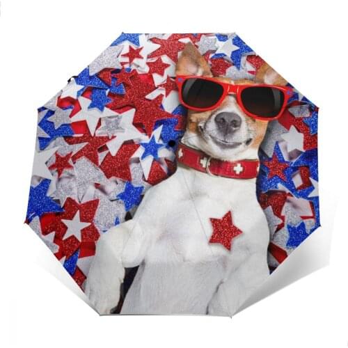 Automatic Umbrella Rain Three-folding Jack Russell Dog On Independence Day 4th Of July USA Stars Windproof Waterproof parasol