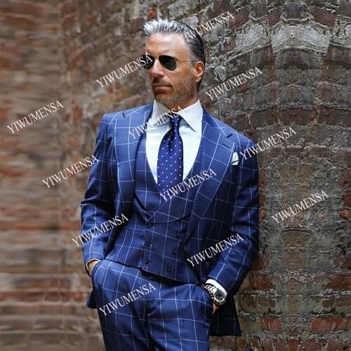Dubai African Plaid Check Formal Wedding Blazers 3 Pieces Best Man Peaked Lapel Coat+Vest+Pants Skinny Mens Suits Outfit Tuxedo