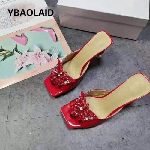 Square Head Red Patent Leather Crystal Heterosexual Heel Sexy High Heels Rhinestone Sequined Butterfly Flower Outer Wear Sandals