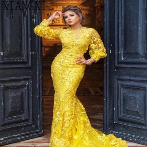 Elegant Yellow Lace Mermaid Evening Dress with Long Sleeves Appliques Celebrity Red Carpet Dress Long Formal Prom Party Gowns