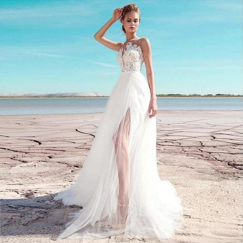 Fantastic Tulle Scoop Neckline A-line Wedding Dresses Front Slit Illusion Back Beach Bridal Dress vestido de noiva vintage