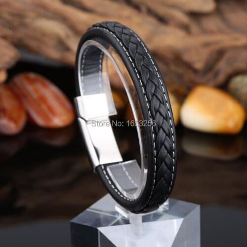 Hot Selling New Black Genuine Leather 12mm Stainless Steel Fashion Mens Bracelet 8.26