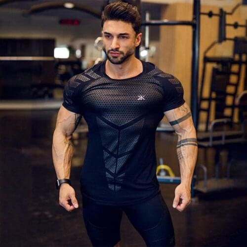 Compression Quick Dry T-Shirt Men Running Sport Skinny Short Tee Shirt Male Gym Fitness Bodybuilding Workout Black Tops Clothing