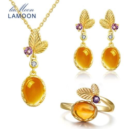 LAMOON classic flower 100% Natural Citrine 925 Sterling Silver Jewelry S925 Jewelry Set V022-1