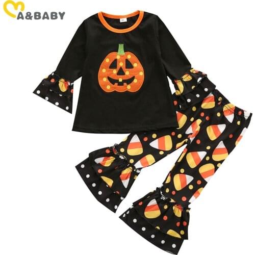 Ma&Baby 1-6Y Halloween Toddler Kid Girls Clothes Set Pumpkin Ruffles Tops Flare Pants Outfits Autumn Children Costumes