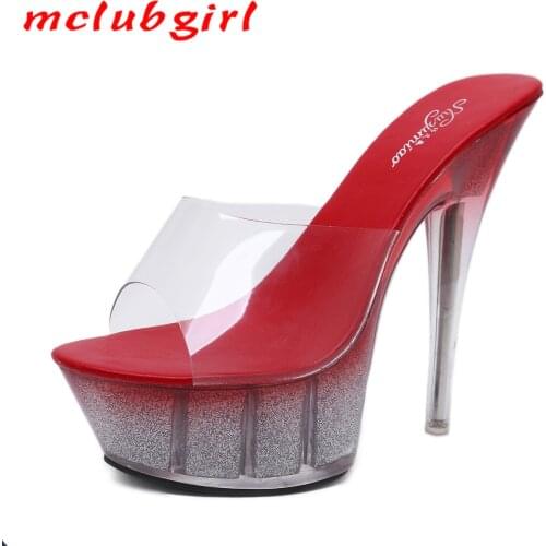 Mclubgirl Women Fashion New Platform Slippers Super High Heels Fish Toe Sexy Pumps crystal slippers Women LFD