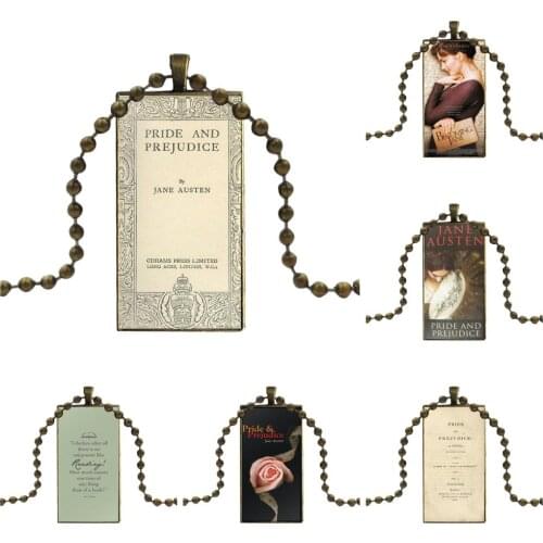 Fashion Glass Cabochon Pendant Rectangle Necklace Choker Necklace Jewelry For Girls Wholesale Pride And Prejudice Jane Austen
