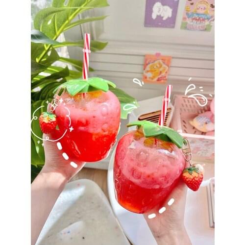 Cartoon Strawberry Straw Cup Plastic Cup Cute girl Handy Milk Tea Cup Student Portable Water Cup Water Bottle kawaii cup CL90703