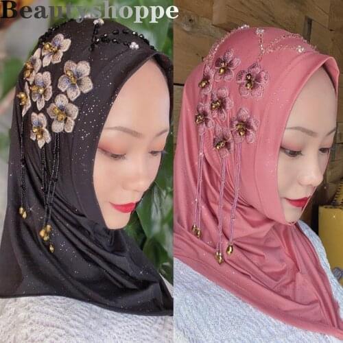 Muslim Womens Beaded Embroidery Cap Ready Go Tassel Scarf Shalws Headwear