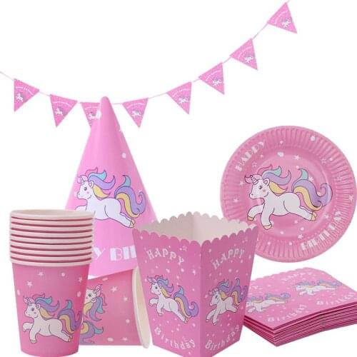 For 10 kids Unicorn Party Pink Blue Tableware Set Plate Banner Horse Birthday Party Decoration Candy Box Girls Party Supplies