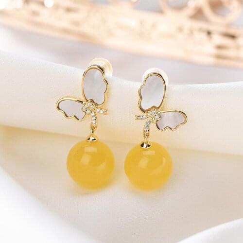 Natural 925 sterling silver gilt butterfly round beads amber retro temperament amber women earrings 925 earrings